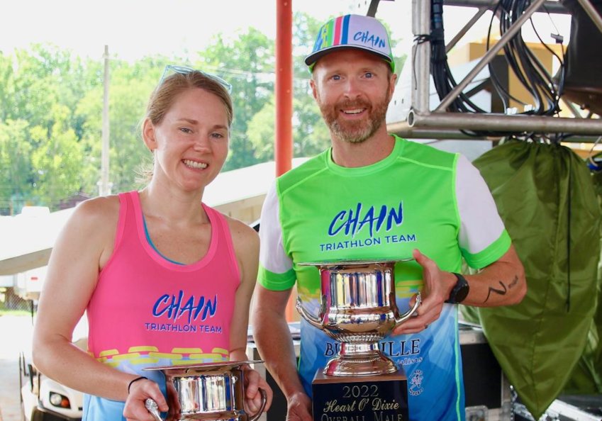 Anna Wile of Meridian, left, was the top female in this year's Heart O' Dixie Triathlon with a time of 2:15:56. Allen Stanfield of Ocean Springs, right, was the overall winner with a time of 2:00:19.